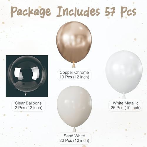 Image of Balloon Garland Set, 57 Pieces, White Metallic, Sand White, Copper Chrome, Clear Balloons, Round Latex, Birthday Anniversary Decoration