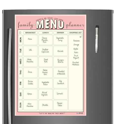 Image of AccuPrints A4 Family Meal Planner, Magnetic Whiteboard with Marker, 29 x 21 cm, Dry Erase Flexible Writing Film for Kitchen Fridge /Office Godrej /Metal Wardrobe | Weekly Meal Panner