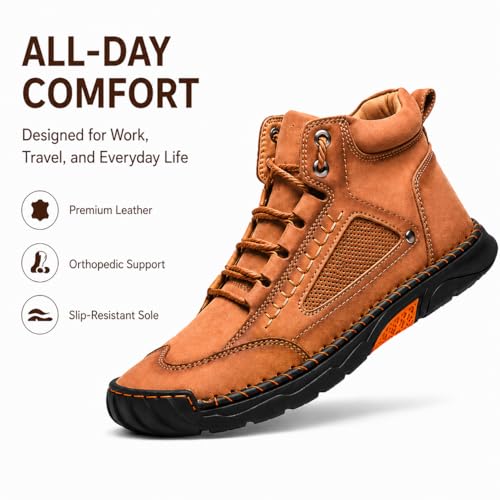 Image of Men's Wide Comfort Handmade Leather Boots Men's Waterproof Hiking Boots | Casual Walking Shoes, Lightweight Breathable Work Shoes with Arch Support, Non-Slip & Durable
