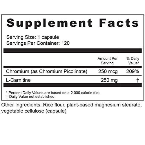 Bioactive Nutrients C2-Chromium Picolinate With L-Carnitine To Aid Metabolism Of Fat And Carbs - 120 Vegetable Capsules - No Preservatives #TOP1