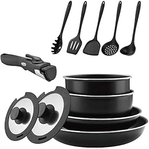 abizoe Frying Pan and Pot, 12-Piece Set, Diamond Coding, Black, Storage, Frying Pan Set, Gas Stove/Induction Compatible, Removable Handle, Pot Set, 7.1 – 10.2 inches (18 – 26 cm), Black