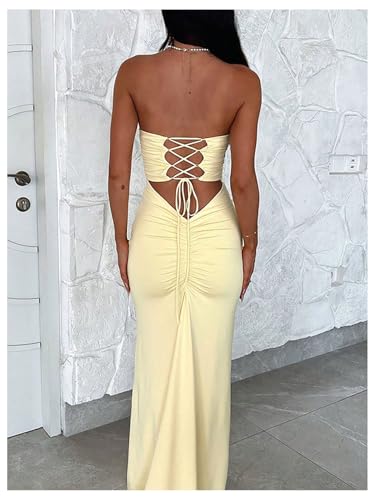 Floerns Women's Backless Lace Up Tube Top Dresses Ruched Formal Bodycon Long Dress2