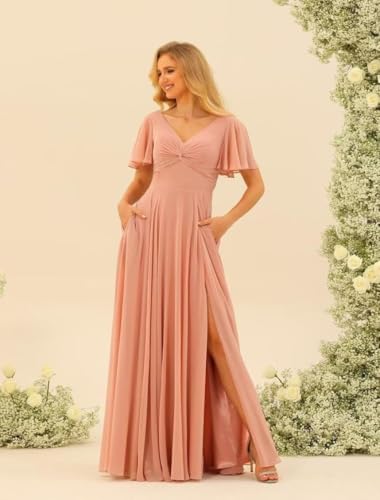 Miao Duo Flutter Sleeves Split Bridesmaid Dresses with Slit Long V Neck Empire Waist Formal Dress for Women Wedding YZTS1134