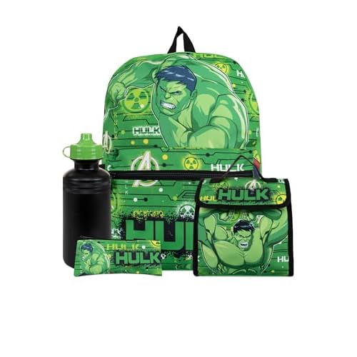 Marvel Mochila Niño | Mochila De Hulk Y Bolsa De Almuerzo | Set Fiambrera Y Botella Infantil | One Set Verde