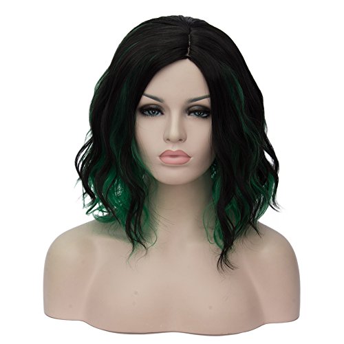 Image of BERON Black and Green Wigs Women Short Curly Wavy Wig Girls Mixed Color Shoulder Length Side Part Halloween Cosplay Party or Daily Use Wig