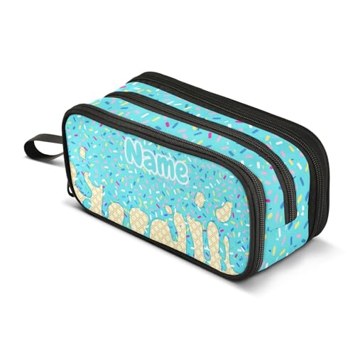Image of Custom Teal Blue Ice Cream Print Pencil Case Box Boys Girls Personalized Name Large Pencil Pouch Stationery Pen Bag Organizer for Kids Adults School Office