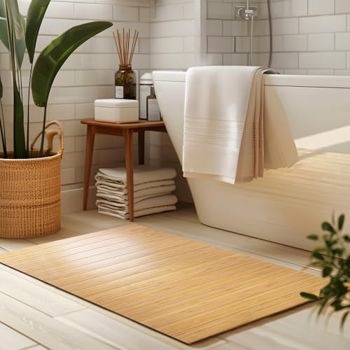 casa pura Badezimmermatte Bambus Holz 60x90cm 8mm Dick | Duschmatte...