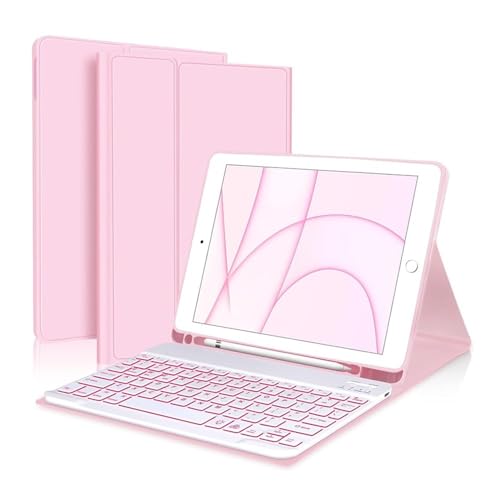 Étui iPad Pro 13 2024 kuaijiexiaopu avec clavier rétroéclairé rose et porte-stylo