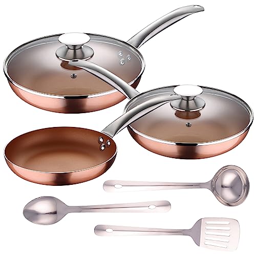 Set 5pc sartenes (con tapa) aluminio prensado inducción con Set 3 pc utensilios cocina acero inoxidable
