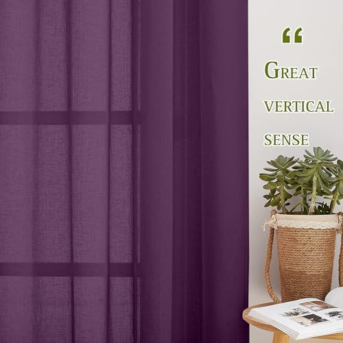 Image of Amazon Basics - Linen Textured Sheer Door Curtains | Light Filtering | 5 Feet | Set of 2 | Plain Design | for Living Room, Bedroom & Balcony | 150cm x 115cm, Color - Purple