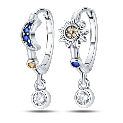 Cycuff 925 Sterling Silver Hoop Earrings Colorful Cubic Zirconia Jewelry Drop Earrings for Women Set Earring Gifts for Her (Sun & Moon Earrings)