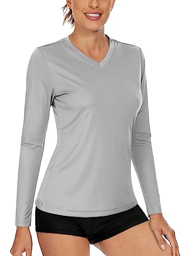 Boladeci Womens Hiking Shirts Long Sleeve Shirts V Neck Upf 50+ Sun Protection Uv Spf Quick Dry Fishing Swim Rash Guard Tops Shirts L Light Grey #TOP12