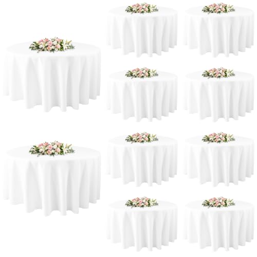 Image of 10 Pack Round Table Cloth 120 Inch, Round Tablecloth, Washable Polyester Table Cover for Buffet Party, Dinner, Weddings and Camping, White