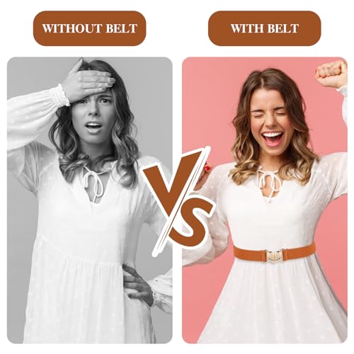 Women Heart Elastic Belt, Stretch Invisible Ladies Belts with Gold Flat Buckle Skinny Waist Belt for Dresses Jeans(Brown)2