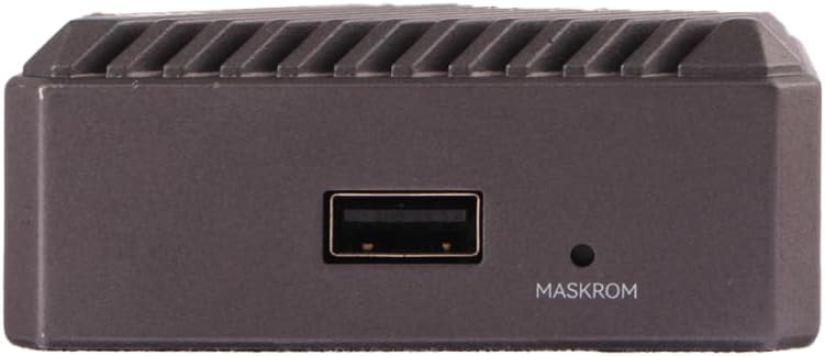Ġenb view of Radxa E20C Mini PC with USB port and MASKROM button