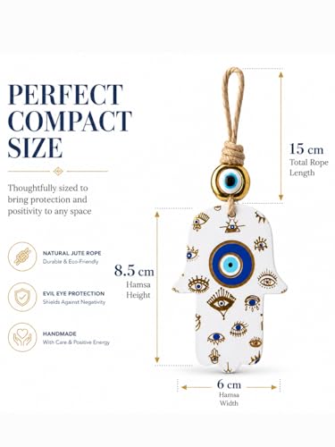 Image of Handcrafted Evil Eye Hamsa Hanging for Home Entrance Decor | Turkish Nazar Protection Wall Hanging | Ceramic Hand of Fatima Ornament with Jute Rope | Housewarming Gift for Home & Office