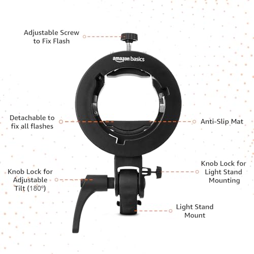 Image of Amazon Basics S2 Bracket | Bowens Mount| Precise Tilt Control | for Speedlite Flash, Barn Door Kit, Softbox, Snoot, Reflector, Beauty Box | Camera Photography & Videography