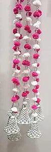 HEYRUMBH HANDICRAFTS Recycled Plastic and Fabric Woollen Pom Pom Door Decoration items Hanging Torans With Bell, Wall Hangings Latkans for Decoration (5 FT Strings, Pink & White) - Pack of 4