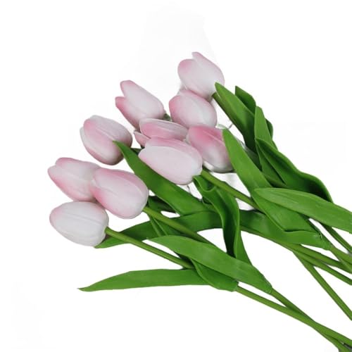 Ramo de flores artificiales de tulipanes realistas de seda para decoración de bodas y hogar, ideal para centros de mesa de sala de estar (33 cm, rosa claro)