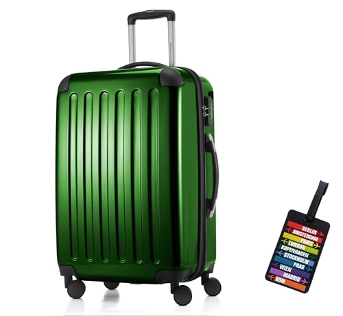 Hauptstadtkoffer - Alex Hartschalen-Koffer Koffer Trolley Rollkoffer Reisekoffer Erweiterbar, 4 Rollen, Zahlenschloss, 65 cm, 74 Liter, Grün + Design Kofferanhänger