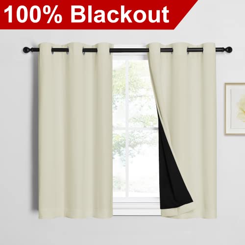 Image of NICETOWN Cold Reducing Curtains, Bedroom Full Blackout Panels, Super Thick Insulated Window Covers, Complete Blackout Draperies with Black Liner for Short Window (Beige, Set of 2, 42 by 45-inch)
