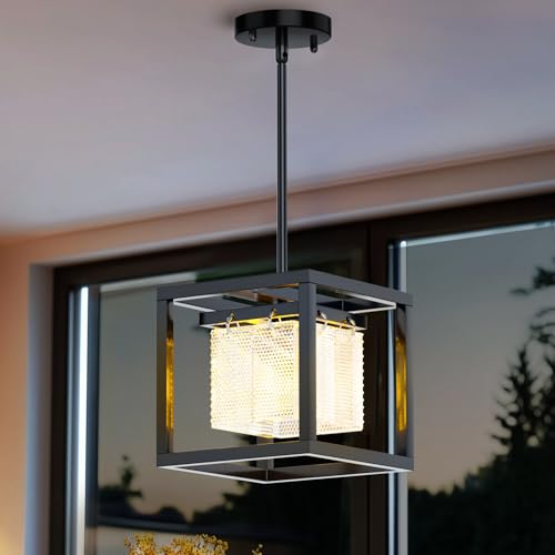SIONLANG Black Rectangle Kitchen Pendant Lights, Modern Linear Light, Adjustable Height Pendant for Entryway, Dining Room, Kitchen, Elegant Snow Pattern Light Fixture(1 Lights)