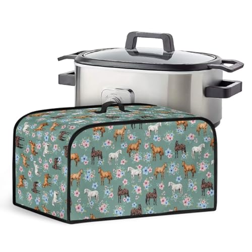 Annejudy Slow Cooker Dust Cover Stain Resistant Oval Slow Cooker Cover with Handle and Side Pockets for Storage Small Appliance Accessories for 6-8 Qt Slow Cookers, Horse Floral Print