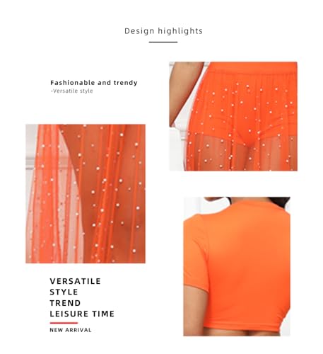 Women's Sexy 3 PCS T-shirts Tops Bodycon Shorts Mesh Pearls Skirts Cocktail Party Beach Outfits Set4