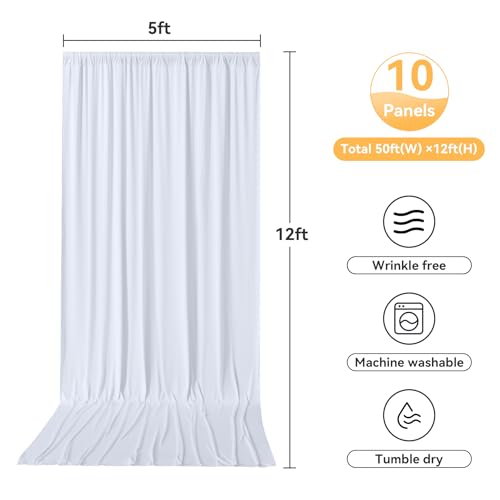 Image of 10 Panels 5x12ft White Backdrop Curtains for Wedding Parties, Wrinkle Free Polyester 12 ft Long Photo Backdrop Drapes Back Drop Cloth Drapery for Birthday Baby Shower Ceremony Photography Background