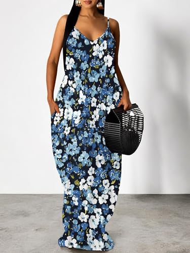 Image of SUZONANA Women's Plus Size Summer Dresses Spaghetti Print Maxi Dresses Long Loose Sundresses