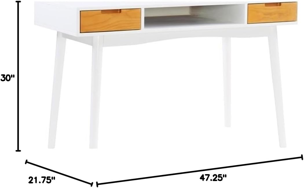BOWERY HILL Contemporary Wood Desk with Two Drawers, White Finish, 47 in Wide, Rubberwood MDF Construction, Open Shelf Storage, Solid Wood Legs, Stylish Home Office or Student Workstation