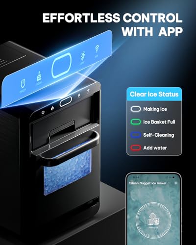 Image of Silonn Nugget Ice Maker Countertop with WiFi Function - 44lbs /24h Crushed Ice Machine, Front Pull-Out Water Tank & Removable Basket, Stainless Steel Finish for Home Kitchen