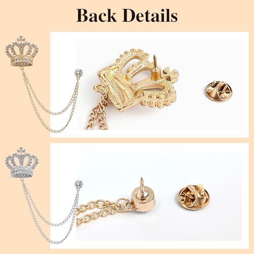 GYGYL 2PCS Crystal Men's Crown Hanging Chain Brooch, Suit Stud Lapel Pin, Vintage Rhinestone Breastpin Wedding Brooch Pin, Gold and Silver by GUYI - Used condition - Image 3