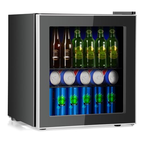 GOPLUS Nevera Pequeña 46 L, Mini Refrigerador con Puerta de Cristal 60 Latas, Estantes Ajustable Extraíbles, Temperatura Ajustable 4-16°C, Mini Bar de Bebidas para Habitación Coche Oficina Bar