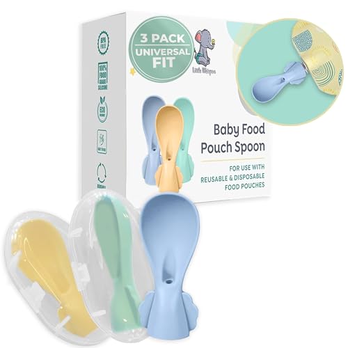 Image of LittleWhispers Baby Pouch Spoon Attachment - 3 Silicone Baby Food Pouch Spoon Tops - Travel Cases Included - Squeeze Baby Pouch Topper
