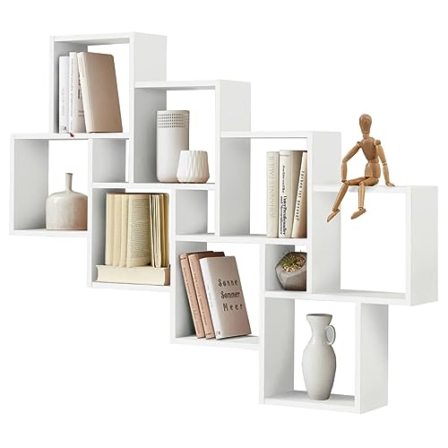 FMD furniture Etagère Murale Blanc Brillant 120.8 x 94.5 x 15.7 cm Bibliothèque Murale Solide avec 11 Compartiments