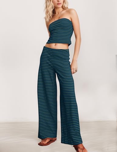 Image of Burtell Summer Striped 2 Piece Lounge Sets For Women Casual Strapless Crop Tube Tops Wide Leg Pants Sets Matching Pajama Sets