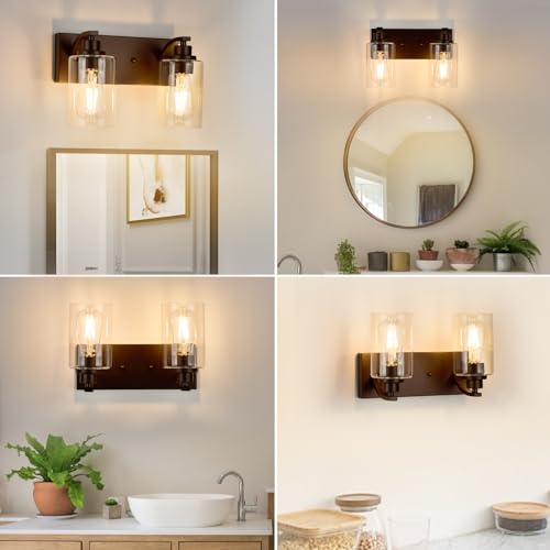 Image of 2-Light Bathroom Light Fixtures Modern ORB Vanity Lights | Easy to Install Clear Glass Shades, Wall Mount Up or Down, E26 Socket, Hardwired, 120V
