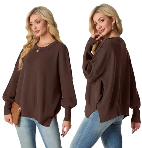 Womens Crewneck Batwing Long Sleeve Sweaters Fall 2025 Oversized Side Slit Ribbed Knit Sweaters Pullover Tops4