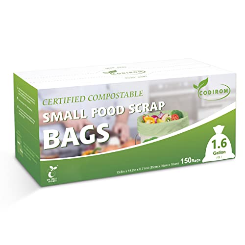 Codirom 100% Compostable Trash Bags, 1.6 Gallon, 6 Liter, 150 Count Samll Kitchen Food Scrap Waste Bags For Countertop Bin With Europe En13432 Certified #TOP2