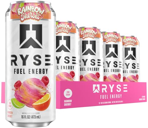 RYSE Fuel Energy Drink - Rainbow Sherbet - Sugar Free, Gluten Free & Vegan - 200mg Natural Caffeine, Taurine & Choline for Focus & Energy - No Artificial Colors - 16 fl oz Cans (12-Pack)