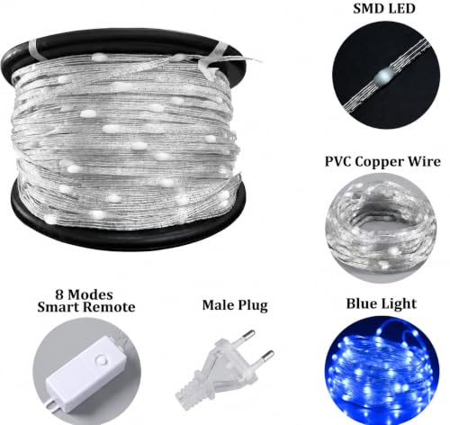 Image of fizzytech Rice Fairy String Lights, 15 Meter Copper Wire Point Control Lights with 8 Flash Modes for Diwali, Christmas, Wedding, Window, Garden & Home Decoration - Blue, 150 LED