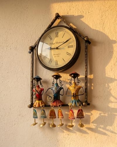 Image of Metal Wall Clock with Decorative Traditional Rajasthani Musician | Stylish Iron Wall Art for Living Room, Bedroom, Office | Unique Diwali Gift & Home Decor | Fancy Clock for Living Room