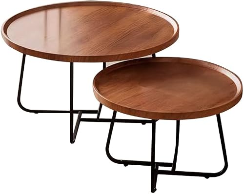 2-Piece Round Coffee Table Set, Rustic Brown Tops, Black Metal Frame | Flexible placement for living rooms, bedrooms, offices and apartments; use together or separately