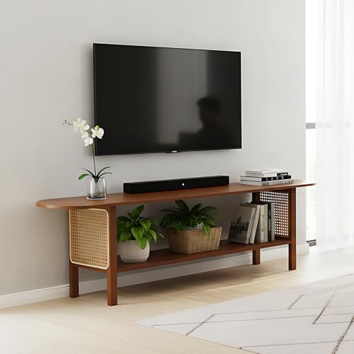 Image of Tiita Walnut Rattan TV Stand for 65-Inch TVs, 2 Open Shelves, Media Console