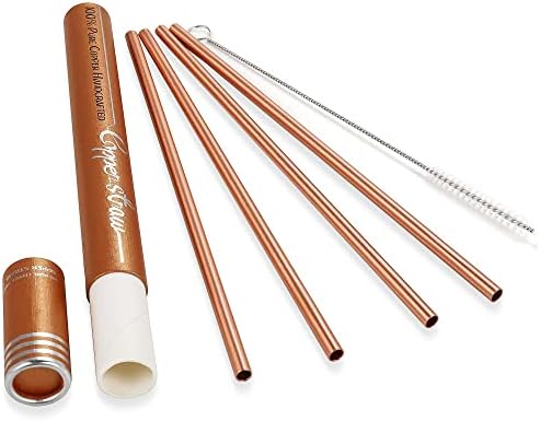 Copper Drinking Straws Gift Set- 8.5 inch Long Authentic Handcrafts Copper Straws with Cleaning Brush for Moscow Mule Mug (Set of 4)
