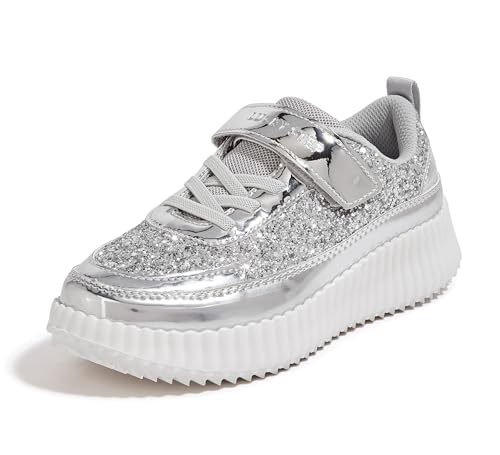 LUCKY STEP Kid's Glitter Running Sneaker Sparkly Braided Shiny Bling Princess Shoes School Athletic Walking Shoes for Children/Boys/Girls (Silver Glitter,Little Kids 1)