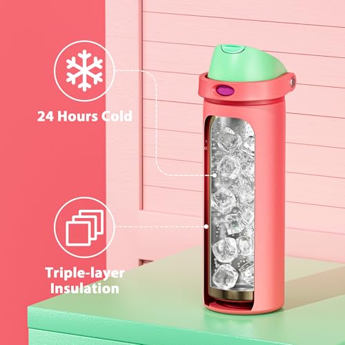 Image of 24 oz Insulated Water Bottle for Women: Meoky Stainless Steel Water Bottle with 2-in-1 Straw Lid - Leak Proof, Cold for 24 Hours, Fits in Car Cup Holder, BPA-Free for Sports Travel, Strawberry Field