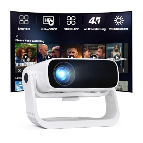 2025 Neuer Upgraded Smart Beamer Full HD 1080P, 25000 Lumens, Android 11，Integrierte Apps, 4D Trapezkorrektur，WiFi 6 & BT 5.2, Heimkino 4K Beamer mit 120° drehbarem Ständer...