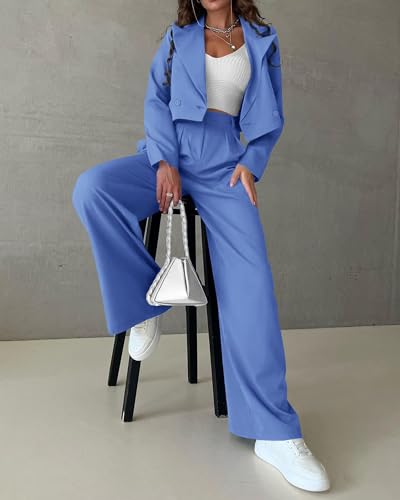 KIRUNDO Two Piece Sets for Women Fall 2025 Cropped Blazer Wide Leg Work Pants Business Professional Office Attire(Sky Blue, Large) — view 2